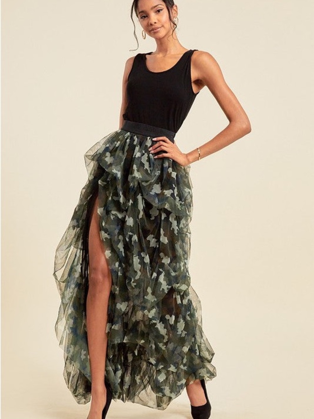 Ruffled High-Low Camouflage Maxi Skirt - Green